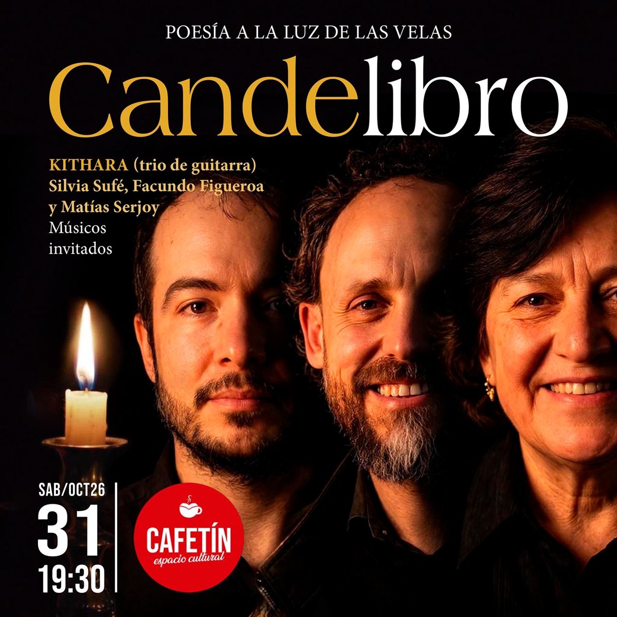 Flyer de Candelibro con los tres integrantes de Kithara junto a una vela encendida.