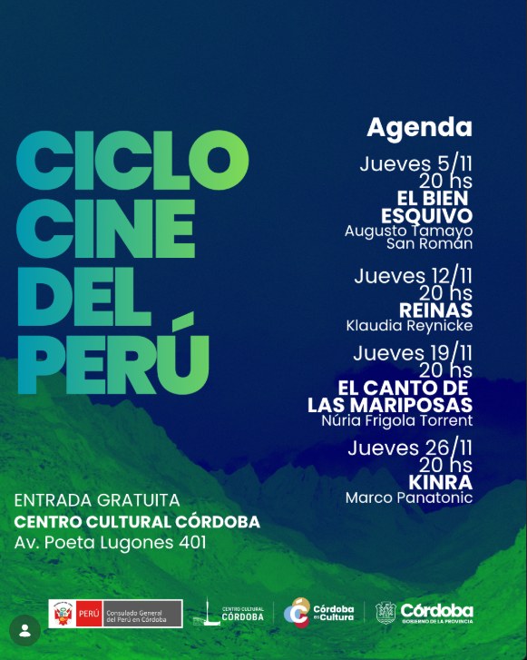Flyer del Ciclo Cine del Perú en el Centro Cultural Córdoba, con las cuatro películas de los jueves de noviembre a las 20 hs.