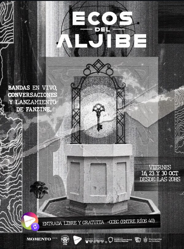 Flyer de Ecos del Aljibe: bandas en vivo, conversaciones y lanzamiento de fanzine, viernes 16, 23 y 30 de octubre en el CCEC